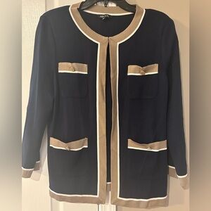 Misook Small deep Blue Tan White Sweater Cardigan Jacket Blazer
